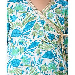 Babyhug Cotton Woven Cambric Three Fourth Sleeves Overlap Ethnic Dress with Floral Print & Tassle Detailing -  Blue