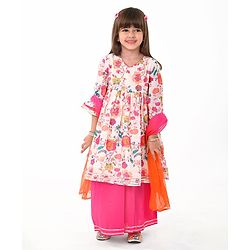 Babyhug Cotton Woven Three Fourth Sleeves Floral Printed Kurta & Palazzo Set with Dupatta - Off White