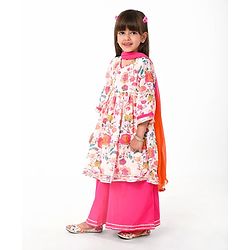 Babyhug Cotton Woven Three Fourth Sleeves Floral Printed Kurta & Palazzo Set with Dupatta - Off White