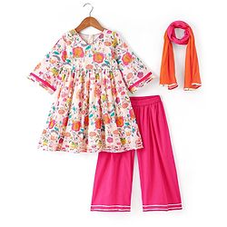 Babyhug Cotton Woven Three Fourth Sleeves Floral Printed Kurta & Palazzo Set with Dupatta - Off White