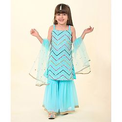 Babyhug Woven Singlet Sleeves Mirror Embroidered Kurti Gharara Set with Dupatta - Aqua