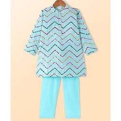 Babyhug Woven Full Sleeves Mirror Embroidered Kurta Pyjama Set with Sequins - Aqua