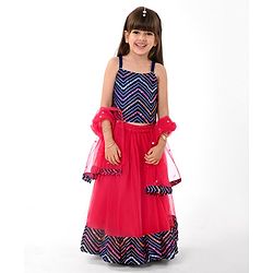 Babyhug Woven Sleeveless Net Mirror Embroidered Choli Lehenga & Dupatta Set - Red