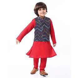 Babyhug Woven Full Sleeves Solid Colour Kurta Pyajama Set with Mirror & Sequined Embroidered Nehru Jacket - Red