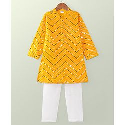 Babyhug Woven Full Sleeves Sequined Embroidered Kurta & Pyjama Set - Yellow