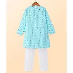 Babyhug Woven Full Sleeves Sequined & Mirror Work Embroidered Kutra Pyjama Set - Blue
