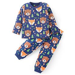 Babyhug Cotton Knit Full Sleeves Night Suit With Animals Print - Navy