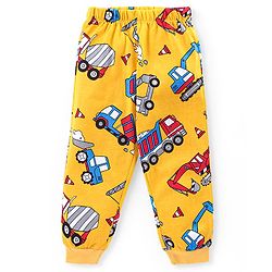 Babyhug Cotton Knit Full Sleeves Night Suit With Construction Vehicles Print - Yellow
