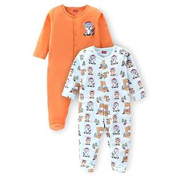 Babyhug Cotton Knit Full Sleeves Sleep Suits With Animal Print Pack Of 2 - Orange & Blue