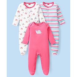Babyhug 100% Cotton Interlock Knit Full Sleeves Striped & Rainbow Printed Sleep Suits Pack Of 3 - Pink & White