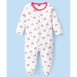 Babyhug 100% Cotton Interlock Knit Full Sleeves Striped & Rainbow Printed Sleep Suits Pack Of 3 - Pink & White