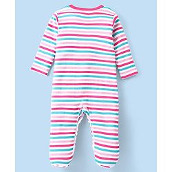 Babyhug 100% Cotton Interlock Knit Full Sleeves Striped & Rainbow Printed Sleep Suits Pack Of 3 - Pink & White