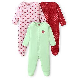 Babyhug Interlock Cotton Knit Full Sleeves Footed Sleep Suit with Fruit & Polka Dots Print Pack of 3 - Multicolour