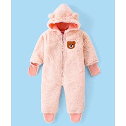 Babyhug Fur Woven Full Sleeves Hooded Winter Wear Romper Bear Patch -Peach