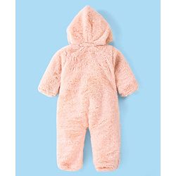Babyhug Fur Woven Full Sleeves Hooded Winter Wear Romper Bear Patch -Peach