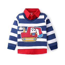 Babyhug Cotton Knit Full Sleeves Overlapped Striped Polo T-Shirt with JCB Patch - Navy Blue & White