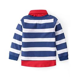 Babyhug Cotton Knit Full Sleeves Overlapped Striped Polo T-Shirt with JCB Patch - Navy Blue & White