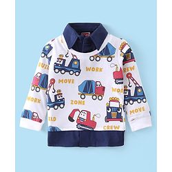 Babyhug Cotton Knit Full Sleeves Overlapped Collared T-Shirt With Construction Vehicles Print - Blue White