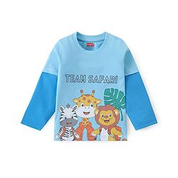 Babyhug Cotton Knit Full Doctor Sleeves T-Shirt with Text & Animal Print - Blue