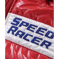 Babyhug Full Sleeves Front Open Padded Hooded Jacket with Colour Block Design & Text Embroidery - Red