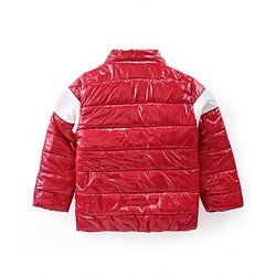 Babyhug Full Sleeves Front Open Padded Hooded Jacket with Colour Block Design & Text Embroidery - Red