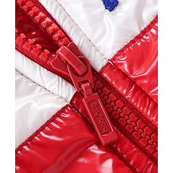 Babyhug Full Sleeves Front Open Padded Hooded Jacket with Colour Block Design & Text Embroidery - Red
