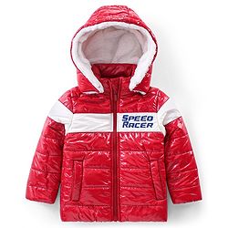 Babyhug Full Sleeves Front Open Padded Hooded Jacket with Colour Block Design & Text Embroidery - Red