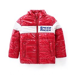 Babyhug Full Sleeves Front Open Padded Hooded Jacket with Colour Block Design & Text Embroidery - Red