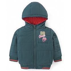 Babyhug Woven Full Sleeves Padded Hooded Jacket With Text Patch Detailing - Dark Green