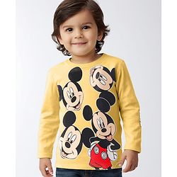 Babyhug Disney Cotton Knit Full Sleeves T-Shirt with Mickey Mouse Graphic - Yellow