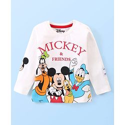 Babyhug Disney Cotton Knit  Full Sleeves T-Shirt with Mickey Mouse & Friends Graphic & Patch Detailing - Cream