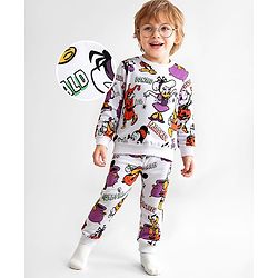 Babyhug Disney  Terry Knit Full Sleeves T-Shirt & Lounge Pants Set With Mickey Mouse & Friends Graphics - White