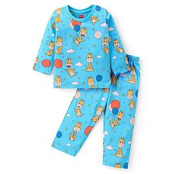 Babyhug Cotton Knit Full Sleeves Night Suit With Giraffe Print - Blue