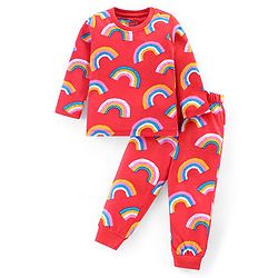 Babyhug Cotton Knit Full Sleeves Rainbow Printed Night Suit - Red