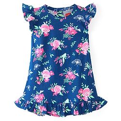 Babyhug Cotton Knit Frill Sleeves Nighty With Floral Print - Navy