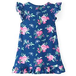 Babyhug Cotton Knit Frill Sleeves Nighty With Floral Print - Navy