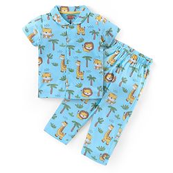 Babyhug Cotton Knit Half Sleeves Night Suit With Animal Print - Blue