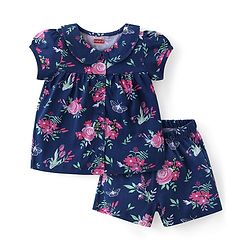Babyhug Cotton Knit Half Sleeves Peter Pan Collared Night Suit With Floral Print - Navy