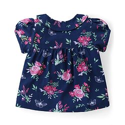 Babyhug Cotton Knit Half Sleeves Peter Pan Collared Night Suit With Floral Print - Navy