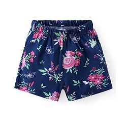 Babyhug Cotton Knit Half Sleeves Peter Pan Collared Night Suit With Floral Print - Navy