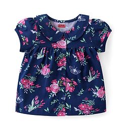 Babyhug Cotton Knit Half Sleeves Peter Pan Collared Night Suit With Floral Print - Navy