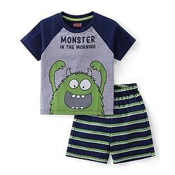 Babyhug Cotton Knit Half Sleeves Night Suit With Monster Print - Navy