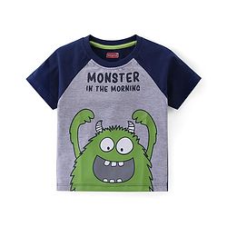 Babyhug Cotton Knit Half Sleeves Night Suit With Monster Print - Navy