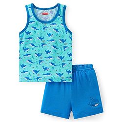 Babyhug 100% Cotton Single Jersey Sleeveless Sando Shorts Set Whale Print - Blue