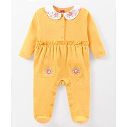 Babyhug Cotton Knit Full Sleeves Peter Pan Collared Sleepsuit With Floral Print - Yellow