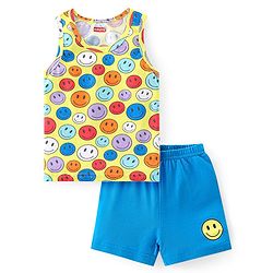 Babyhug 100% Cotton Single Jersey Sleeveless Sando Shorts Set Smiley Print - Multicolor