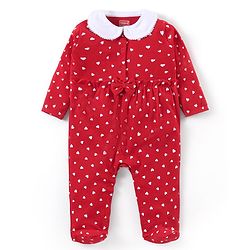 Babyhug Cotton Knit Full Sleeves Peter Pan Collared Sleep Suit With Hearts Print - Red