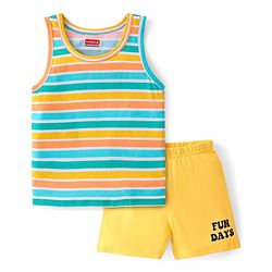 Babyhug 100% Cotton Sleeveless Sando Shorts Set Striped & Text Print - Yellow