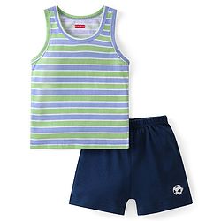 Babyhug 100% Cotton Knit Sleeveless Striped Sando & Shorts Set With Football Print - Navy Blue