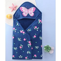 Babyhug Knit Hooded Towel with Floral Print L 76.2 x B 76.2 cm - Navy Blue